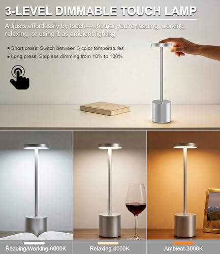 Image of Silver Cordless Table Lamp Rechargeable - 2 Pack 5000mAH Battery Operated Lamp for Counter, 3 Color Stepless Dimming Waterproof LED Wireless Lamp for Dining Kitchen, Outdoor Patio, Touch Control