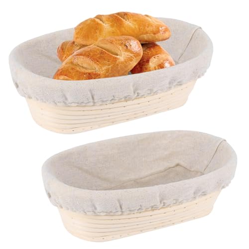 Cestino per lievitazione del pane con fodera, 2 pezzi, 24 cm, ovale per lievitazione lievitazione naturale, in rattan naturale, con fodera in tessuto di lino, per panettieri professionali e domestici