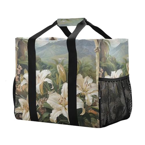 YETTASBIN Lily Flower Large Foldable Travel Tote Bag, Lightweight Waterproof Swim Pool Bag with Handles & Pocket for Beach Outdoor, Reusable Grocery Bag for Kitchen, Shopping