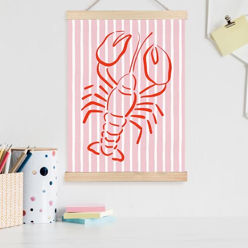 Image of PQKIY Trendy Red Lobster Coastal Wall Art Poster Hanger Frame 12x16 in, Summer Nautical Beach Seafood Pink Striped Wall Decor Canvas Prints for Home Kitchen Dining Room
