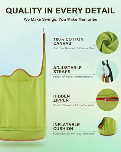 CO-Z Upgraded Kids Hanging Pod Swing Chair with Inflatable Cushion, Child Hanging Hammock for Indoor and Outdoor, Sensory Pod Swing for Kids (Two Straps, Green)