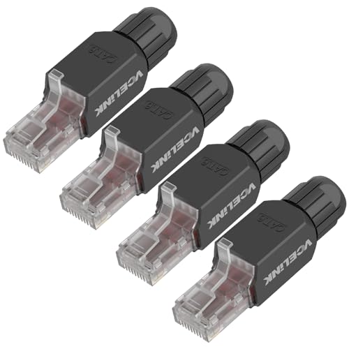 VCELINK Cat6 Tool-Free RJ45 Connector, 1000 Mbps/250 MHz, Reusable UTP Gold-Plated Ethernet Plug for 23-26 AWG Network Cable