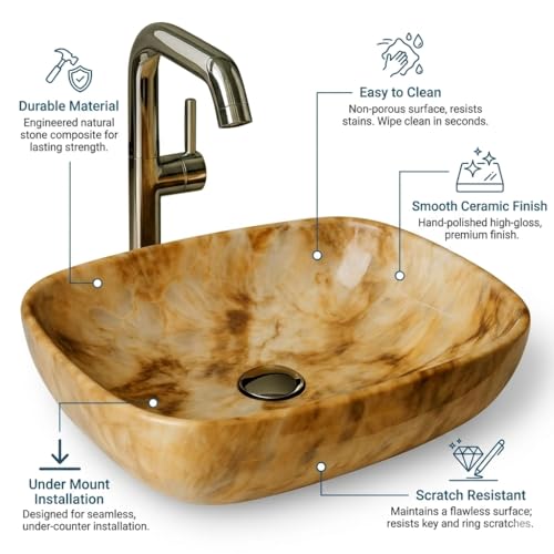 Image of Ceramic Tabletop Wash Basin - Glossy Rectangular Countertop Vessel Sink with Marble Finish for Bathroom & Vanity | Compact 18 x 13 x 5 Inch | Elegant Washbasin