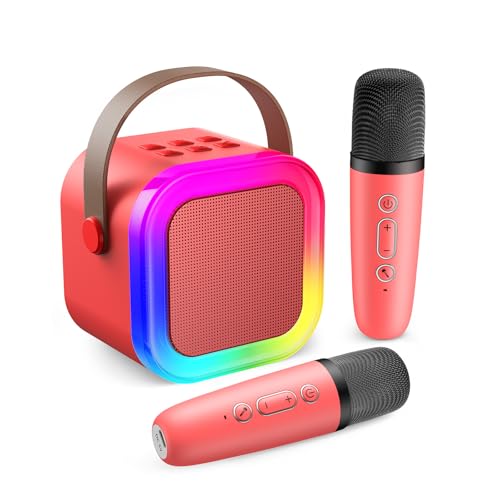 Máquina de karaoke, mini sistema con 2 micrófonos inalámbricos, altavoz Bluetooth portátil con efectos de cambio de voz y luces LED para todas las edades