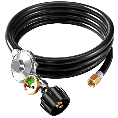 Suppmen Propane Regulator with Hose, Propane Gas Hose with Propane Tank Gauge, 8 Feet Universal QCC1 Propane Adapter Hose kit for LP Gas Grill 3/8 Female Flare Nut for Grill Heater Fire Pit Stove etc.
