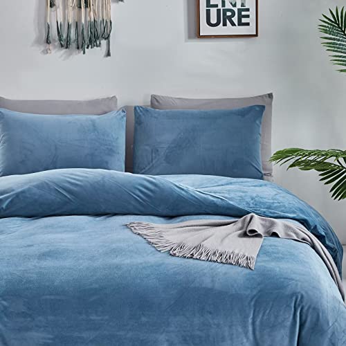 Houseri Velvet Blue Comforter Set Queen Light Blue Bedding Comforter Fluffy Dusty Blue Flannel Bedding Sets Lake Blue Sherpa Comforters Sets Warm Fuzzy Bedding Blanket #TOP5