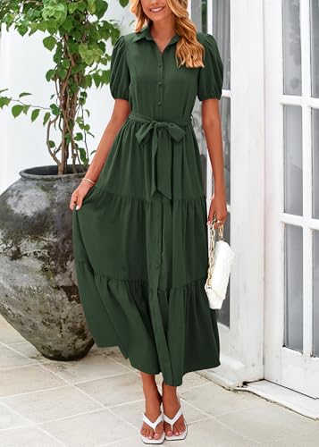 MASCOMODA Womens Summer Dresses 2025 Short Sleeve Maxi Dress Casual V Neck Button Down Tiered A Line Flowy Midi Shirt Dress2