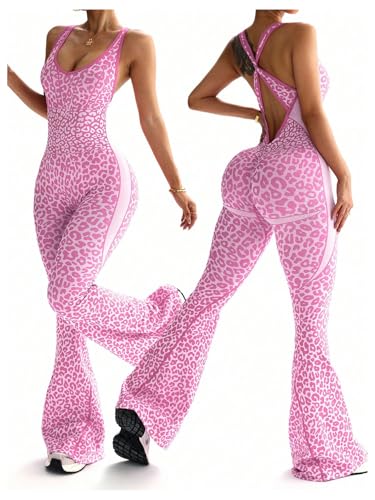 Image of Verdusa Women's Cheetah Print Workout Sets Yoga Jumpsuit Criss Cross Sleeveless Work Out Clothes Flared Pants Jumpsuits