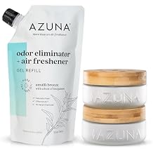 Azuna Air Freshener & Odor Eliminator for Strong Odor | 2 Room Kit Includes 2 8 oz. Empty Luxe Glass Jars & 12 oz | Refill with Tea Tree Essential Oil Gel | Amalfi Breeze | Last 60-90 Days