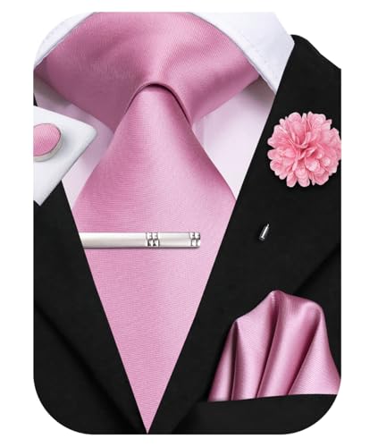 Image of Hi-Tie Solid Pink Silk Ties for Men Formal Classic Necktie and Pocket Square Lapel Pin Silver Tie Clip Cufflinks Set Wedding Business 6PCS