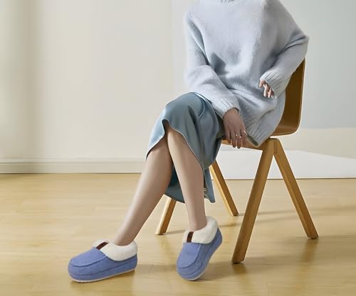 COFACE Womens Warm Fuzzy House Slippers Arch Support Memory Foam Comfort Recovery Platform Winter Moccasin Shoes Ladies Orthotic Plantar Fasciitis Indoor Outdoor Hard Rubber Sole Blue Size 92