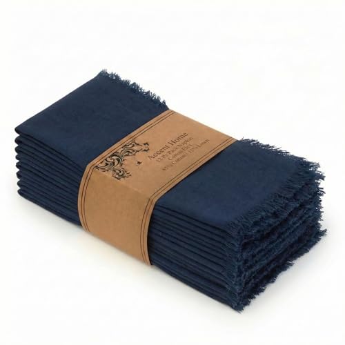 ACCENTHOME Navy Cotton Linen Napkin Set of 12 18x18 inch Dinner Napkins