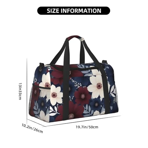 maroon and navy flowers Print Travel Duffle Bag - Foldable Personal Item Travel Bag for Women & Men,Carry-On Convertible Crossbody Tote Bags with Adjustable Shoulder Strap & Pockets 13x10.2x19.7 in4
