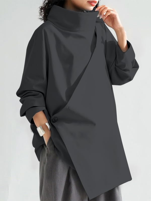 Women's Mock Turtleneck Oversized Tops Long Sleeve High Neck Loose Asymmetrical Slit Blouses Shirts Minimalist - Image 2