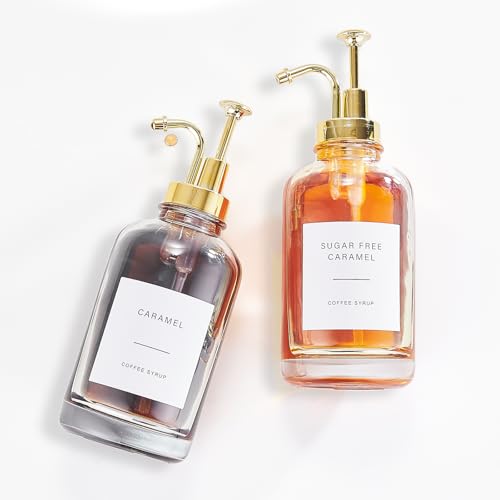 DUTYWORKS Coffee Syrup Dispenser, Coffee Bar Accessories 16.9 oz 500 ml - 2 Pack Glass Bottles with Pumps and Labels for Cafe or Home Bar, Kitchen(Gold Pump)