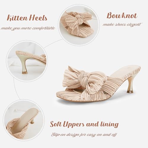 Image of Coutgo Womens Bow Heeled Sandals Pleated Bowknot Heels Open Square Toe Cute Kitten Heel Mules Slip On Wedding Dress Shoes