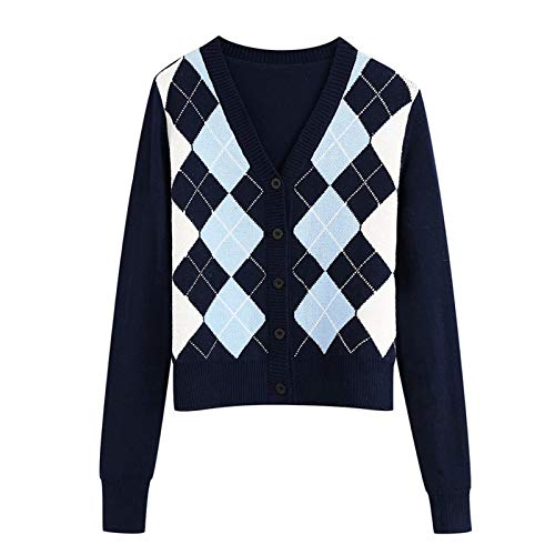 Koitniecer Cardigan en Maille à col en V pour Femmes à Manches Longues Cardigan en Losange boutonné Devant Ouvert Pull Angleterre Style Haut (B-Bleu, S) Cover
