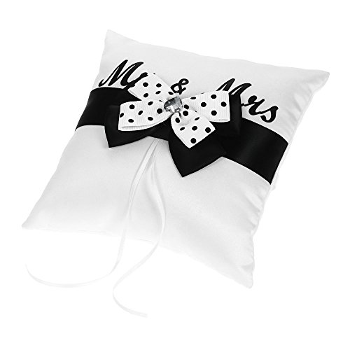 Baugger - 7 * 7 polegadas branco preto Bowknot cetim anel portador de travesseiro e casamento Flower