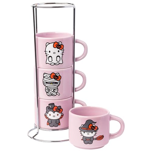 Silver Buffalo Sanrio Hello Kitty Halloween 4 Pack Stackable Ceramic Mug Set With Storage Rack, 3 Ounces