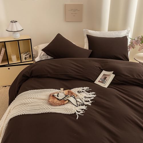 Image of ECOCOTT Duvet Cover King Size -100% Washed Cotton Linen Like Textured Breathable Durable Soft Comfy Bedding Set with Zipper Closure & Corner Ties (Cocoa Brown, 104 inchx90 inch)