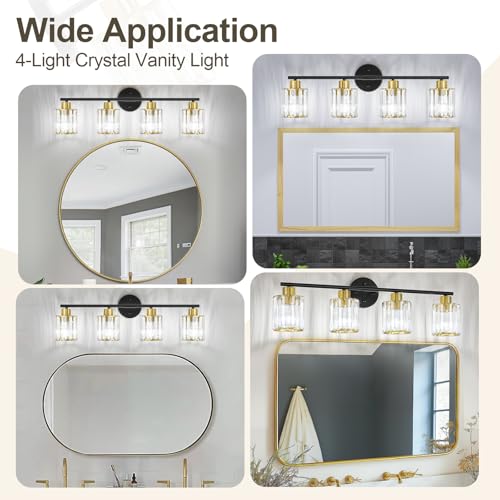 Image of Modern Black Gold Crystal Bathroom Light Fixtures,4-Light | Bathroom Lighting Fixtures over Mirror,Vanity Lights for Mirror, Restroom(Ceramic E26 Socket,Bulbs Not Include)
