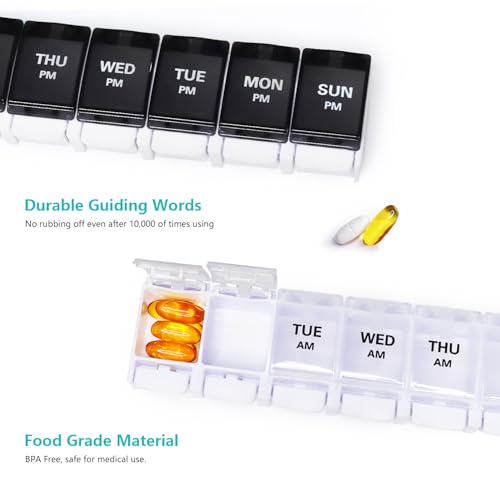 Image of Large Pill Boxes and Organizer 2 Times a Day, MOLN HYMY 7 Day AM PM Pill Case, 14 Compartments Pill Dispenser to Hold Big Vitamin Supplements Fish Oil (Black+White)