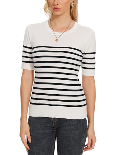 Image of Spicy Sandia Women's Short Sleeve Sweater Casual Knit Pullover Top for Summer Lightweight White and Black Striped M