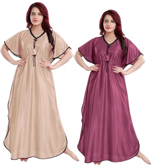 Women Satin Nighty Combo – 2 Piece Kaftan Nightdress Set-image-7