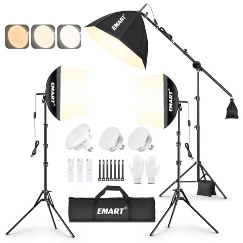 Image of EMART Softbox Lighting Kit, 85W /135W Soft Box with Boom Arm for Studio 3PCS | Professional Equipment Three Point Light Setup, 16 inchx16 inch & 25.5 inchOcta Softbox, 3000-6500K LED Bulbs with APP /Remote for Photo