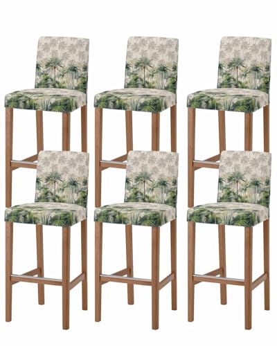 Tropical Palm Bar Stool Chair Covers Set of 6 with Back,Stretch Barstool Slipcovers Washable,Retro Green Coconut Plant Tree Summer Farmhouse Pub Counter Height/Swivel/Cafe/Dining Room Seat Cover