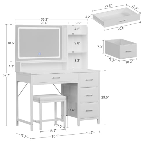 Greenstell Vanity Desk with Mirror and Lights, Makeup Vanity Table with Upholstered Stool, 4 Drawers & 3 Storage Shelves, Power Outlet, 3 Adjustable Lighting Modes for Bedroom and Dressing Room, White - Thumbnail 5