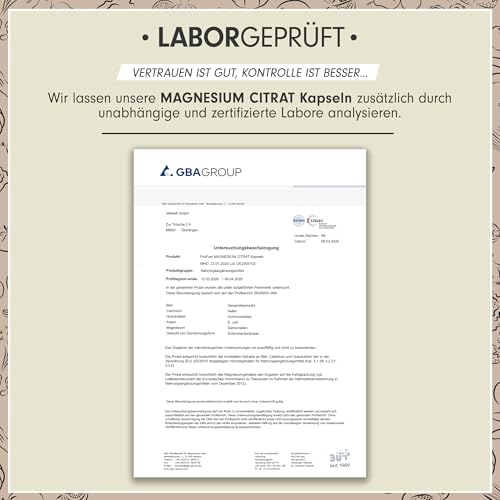 Magnesiumcitrat Kapseln 240x mit 375 mg Magnesium aus hochwertigem Magnesium Citrate - optimal hochdosiert & bioverfügbar - laborgeprüft mit Zertifikat - 100% vegan - Vorrat für 80 Tage