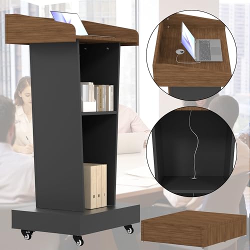 BERPET Wooden Podium Stand with Footrest, Rolling Lectern with Storage, 23.6” Desktop, Built-in Cable Holes, Sturdy Base, Mobile Pulpit for Churches, Conferences & Classrooms