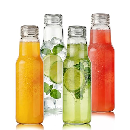 Elitrivox Glass Water Bottles with Lids 4 Pack, 25oz Glass Juice Bottles Resealable Drinking Glasses Tumblers Clear Glass Jars Set for Food Storage, Smoothies, Milk, Coffee