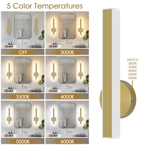 Image of Aipsun Gold Wall Sconce Hardwired Modern LED 18W Wall Sconce Set of Two, 15.7Inches Wall Lights for Living Room Bedroom Hallway, 5CCT