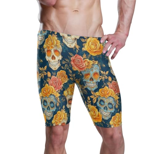 UMIRIKO Swimsuits Gothic Skull Yellow Rose Men's Swim Jammers Athletic Swimwear S 202b8488