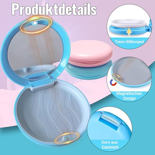 Zahnspangendose,2 Stück Zahnprothesen Box Mit Spiegel Spangendose Dose Tragbarer Zahnschiene Box Dentalbehälter für Die Aufbewahrung Von Zahnspangen und Zahnersatz（Blau und Pink）