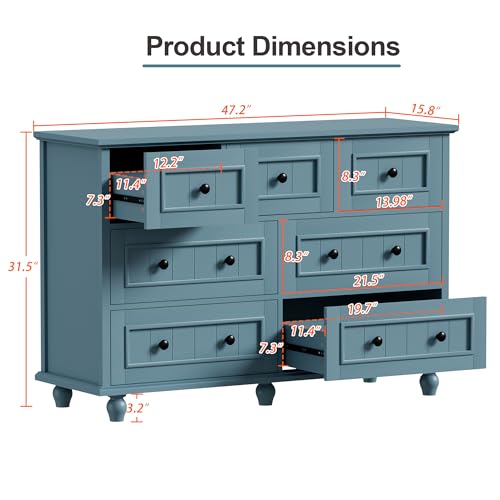 Image of Scurrty Antique Dresser, Modern Chest of Drawers, 7 Drawers Large Cabinet with Storage, Dresser for Clothes in Living Room, Bedroom (Blue)