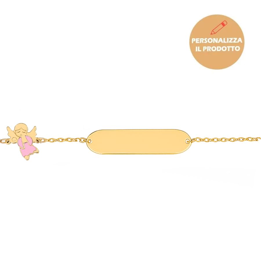 Pulsera de oro de 9 quilates infantil con ángel rosa azul y placa grabable niños 2