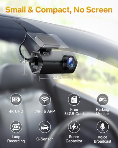 GKU 4K Dash Cam Front, Mini DashCam Includes 64GB Card, Dash Camera Built-in WiFi, 24H Parking Monitor,Night Vision,WDR,170° Wide Angle,Loop Recording,G-Sensor, (Black) - Image 3