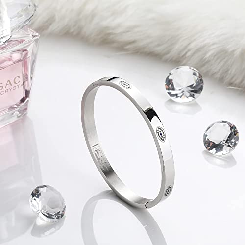 “Five Rock Style” Elegant Chamsa Eye Bracelet Bangles Gift Box, Silver, Friendship Jewelry For Women, Girls, Teens And Friends, No More Evil Eye, Stainless Steel Hinged Bangle With Select Cubic Zirconias (Silver, 19Cm) #TOP4