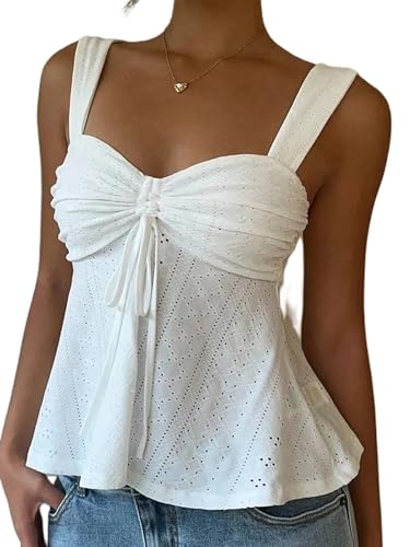 Image of Springcmy Womens Flowy Peplum Tops Dressy Eyelet Tie Front Ruched Spaghetti Strap Drawstring Babydoll Tank Going Out Beach Tops (A White, L)