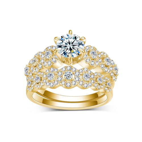 10K 14K 18K Real Gold GRA Certified Round-Cut Moissanite Wedding Ring Set, 2 Carats Moissanites Engagement Ring Sets Halo Stackable Bridal Sets for Women Jewelry Gift for Anniversary Wedding