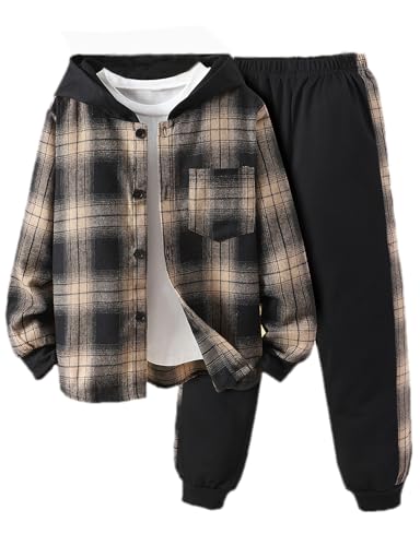 Image of Little Boys Two Pieces Outfit Kids Plaid Color Front Button Down Hoodie Sweatshirt and Jogger Sweatpants Sets