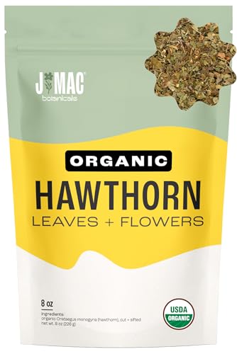 J MAC BOTANICALS Organic Hawthorn Leaf and Flower (8 Oz) Dried Organic Hawthorne leaves, USDA Organic Certified, Hawthorn Tea, Fresh Dried Hawthorne leaf for herbal tea