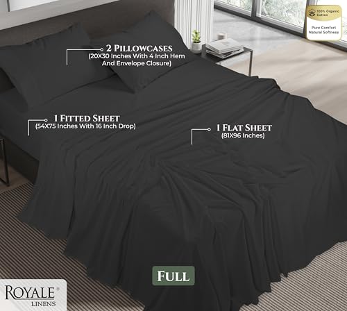 Image of ROYALE LINENS 100% Organic Cotton Full Sheet Set - 16 inch Deep Pocket Bed Sheets - Eco Friendly Black Bed Sheets - Sabanas Full - 1 Flat, 1 Fitted & 2 Pillowcases - Black Sheet Set - Cotton Bedding Sets