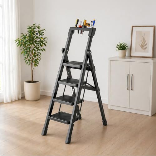 Image of HomeEssentials Heavy Duty Metal Folding Ladder with Built-in Tool Holder, Steel Step Ladder with Anti-Slip Pedals, Portable Foldable Ladder for Home, Kitchen, Office & Garage Use (4 Step)