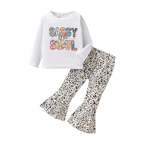 Image of Toddler Girl Clothes Long Sleeve Cartoon & Letter Graphic Top + Fruit Stationery Print Flared Leg Pants