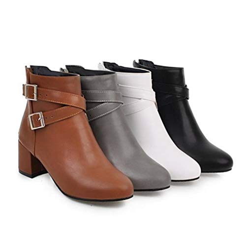 MIOKE Women's Round Toe Dressy Ankle Boots Trendy Buckle Zipper Chunky Mid Heel Chelsea Dressy Short Booties4