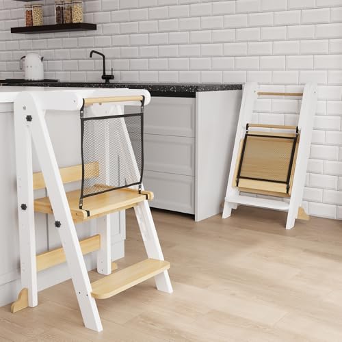 Image of ROOMTEC Foldable Toddler Kitchen Tower, 3 Adjustable Height Wooden Learning Stool, Toddler Standing Tower with Safety Net for Kitchen Bathroom Sink Counter (White)